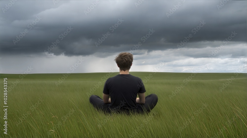 Man Meditating in Field Under Stormy Sky: Tranquility Amid Nature's Power Man Meditating in Field Under Stormy Sky: Tranquility Amid Nature's Power