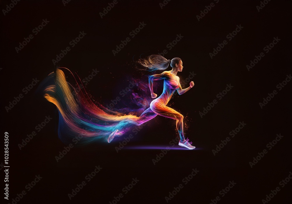 A female figure with glowing lines and streaks of color runs through a dark space. A female figure with glowing lines and streaks of color runs through a dark space.