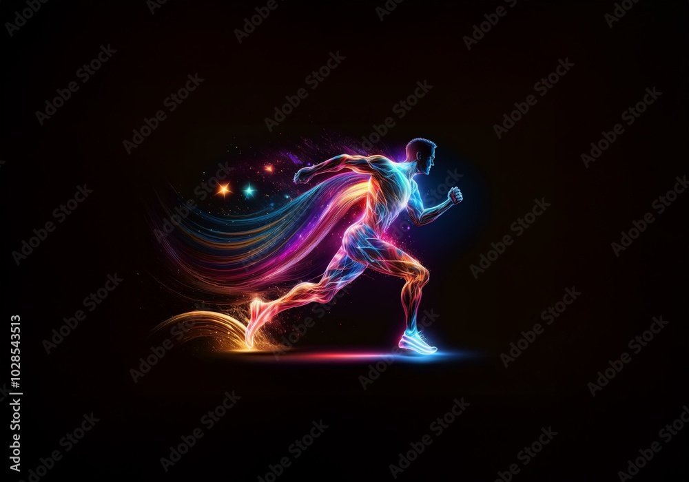 A glowing, abstract figure of a runner on a dark background with streaks of light. A glowing, abstract figure of a runner on a dark background with streaks of light.