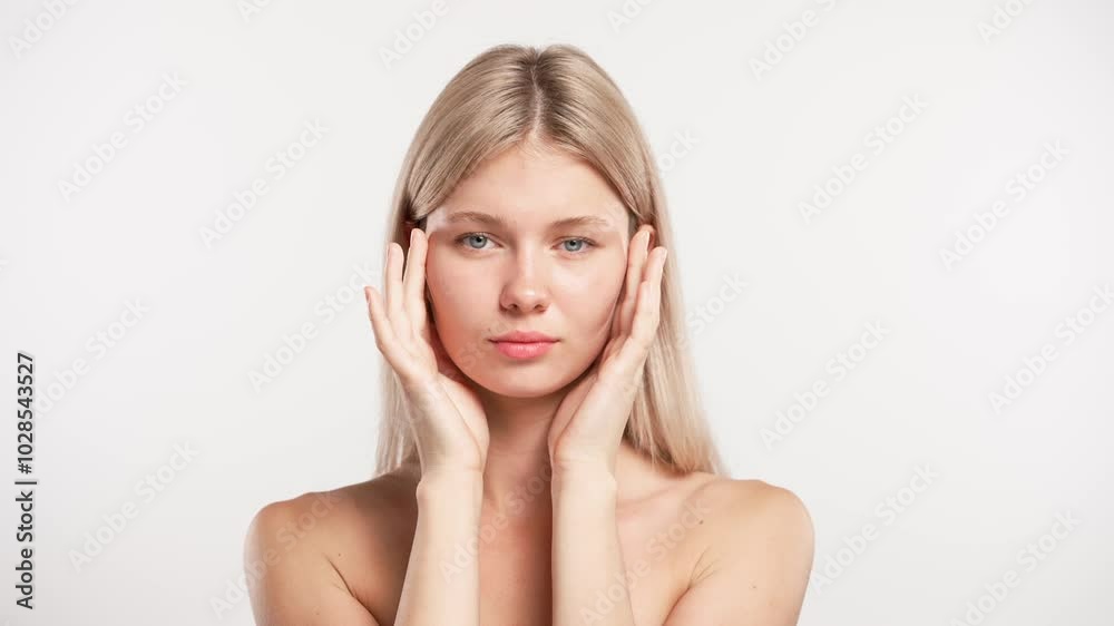 Young blonde woman posing at camera touching smooth face skin with fingers, isolated on white studio background. Beauty skin care concept Young blonde woman posing at camera touching smooth face skin with fingers, isolated on white studio background. Beauty skin care concept