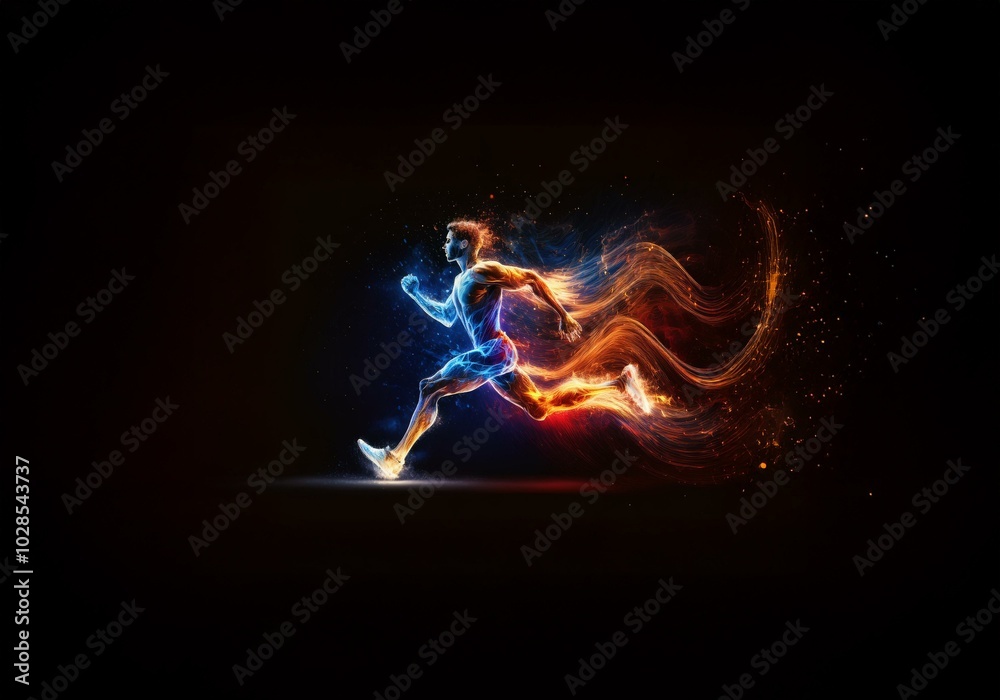 A man is running, surrounded by glowing lines of light and color. A man is running, surrounded by glowing lines of light and color.