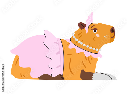 Elegant capybara in ball dress, gloves, tiara and beads flat vector illustration isolated on white. photo