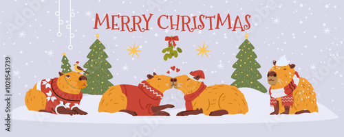 Merry Christmas horizontal vector banner with funny capybaras sitting under snowfall and kissing under mistletoe.