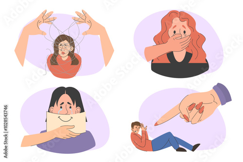 Emotional abuse set vector isolated. Psychological abuse, manipulation and gaslighting. Victim in stress. Unhappy man and woman. Big hand pointing at the man. Male hand closing woman mouth.