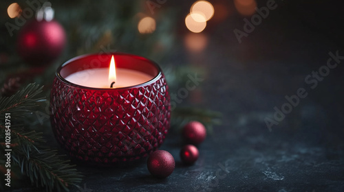 Single burning candle in a festive red candle holder, surrounded by pine branches and small Christmas ornaments, soft glowing light in a dark, cozy room, peaceful holiday mood