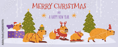 Merry Christmas and a happy new year horizontal vector banner with funny capybaras sitting under snowfall.