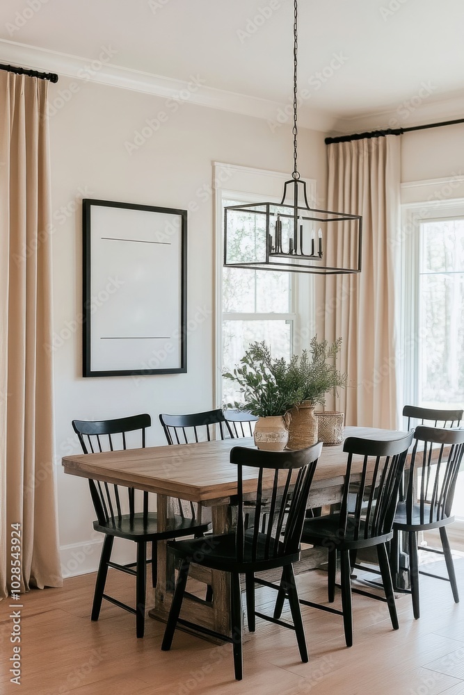 Fototapeta premium A bright dining room with a wooden table, black chairs, and potted plants.