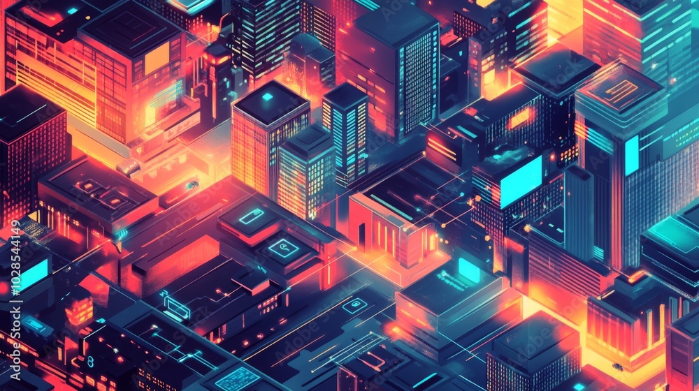 Vibrant code block cityscape with developer figures and tech references Vibrant code block cityscape with developer figures and tech references