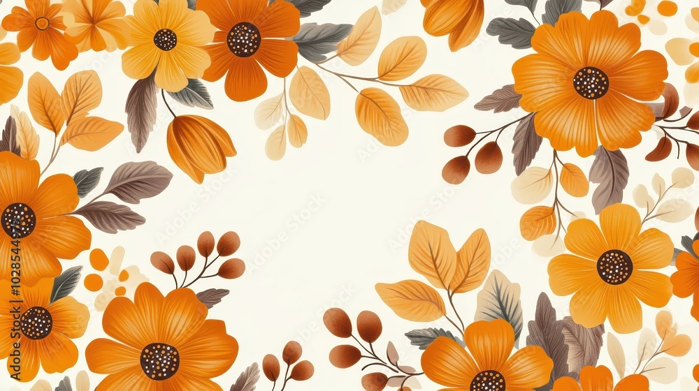 Beautiful autumn floral frame with orange and yellow flowers, suitable for seasonal designs, invitations, and backgrounds. Beautiful autumn floral frame with orange and yellow flowers, suitable for seasonal designs, invitations, and backgrounds.
