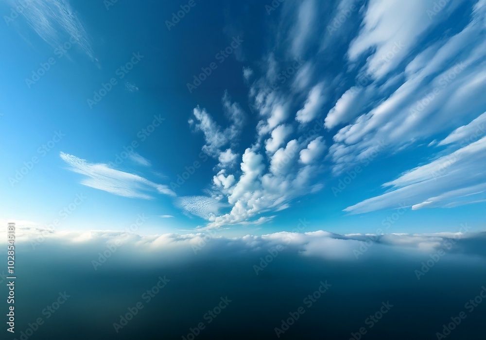 Blue sky with white cumulus clouds and a lower layer of fog. Blue sky with white cumulus clouds and a lower layer of fog.