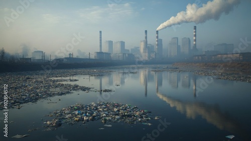 Industrial Pollution and Garbage Littering a River