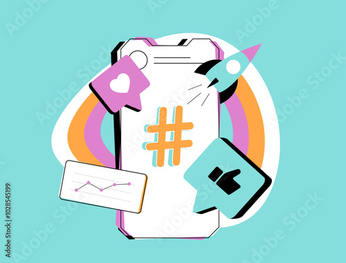 Optimizing posts for search visibility with hashtag strategies and social media SEO. Hashtag challenges and viral videos boost engagement and content reach. Isolated vector illustration