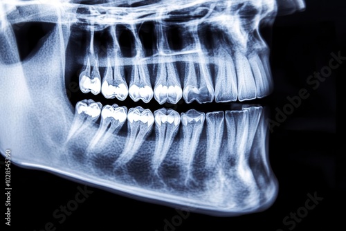 High-resolution X-ray of human jaw showing teeth and jawbone, medical accuracy, jaw X-ray, emphasizing dental alignment and structure