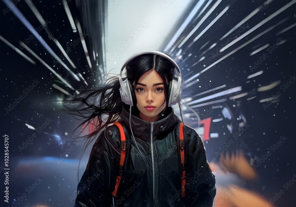 A woman with long black hair wears headphones and a black jacket with an orange strap. A woman with long black hair wears headphones and a black jacket with an orange strap.