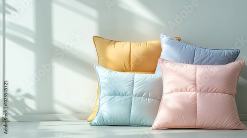 A quilted cushion with soft pastel hues, isolated against a light gray background with abstract decorative lines photo