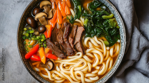 Close-up of a bowl of udon noodles with beef, mushrooms, carrots, and spinach. photo