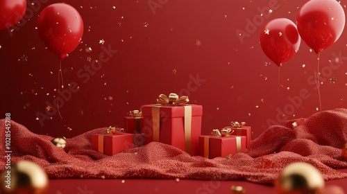 Red and gold Christmas gifts with balloons on festive background