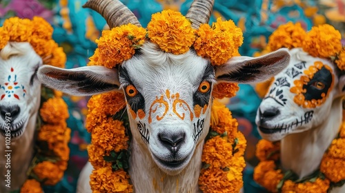 Colorful goats with floral garlands and face paint celebrate a festive occasion, capturing vibrant cultural and festive spirit. photo