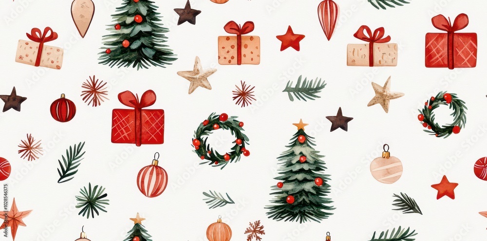 Whimsical Watercolor Seamless Pattern Featuring Christmas Trees, Stars, Wreaths, and Gifts for Festive Cheer. Whimsical Watercolor Seamless Pattern Featuring Christmas Trees, Stars, Wreaths, and Gifts for Festive Cheer.