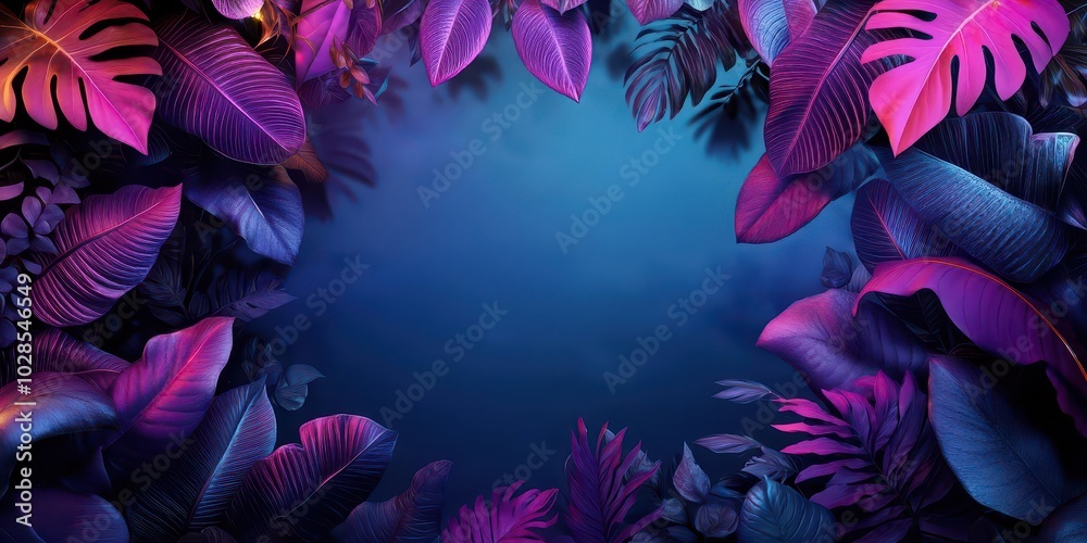 A neon jungle with vibrant purple leaves and glowing light sources, misty blue background creating a surreal, otherworldly atmosphere A neon jungle with vibrant purple leaves and glowing light sources, misty blue background creating a surreal, otherworldly atmosphere