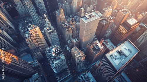 Skyline of a modern city with tall skyscrapers and bustling downtown buildings viewed from above