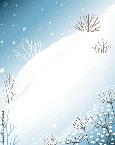 Winter scenery with bush and flowers covered with snow. Christmas and New Year background. Snowdrift and snowfall landscape with empty space. Christmas greeting card. Vector illustration for kids.