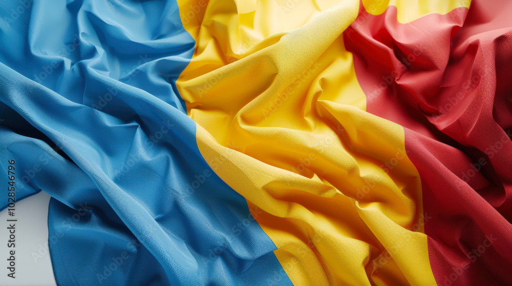 The flag of Romania is on the table. The blue-yellow-red striped Romanian flag. Travel and tourism. The national symbol of the country. The concept of patriotism, immigration and pride The flag of Romania is on the table. The blue-yellow-red striped Romanian flag. Travel and tourism. The national symbol of the country. The concept of patriotism, immigration and pride