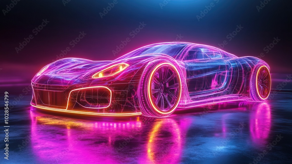 Holographic neon car design concept on dark background Holographic neon car design concept on dark background