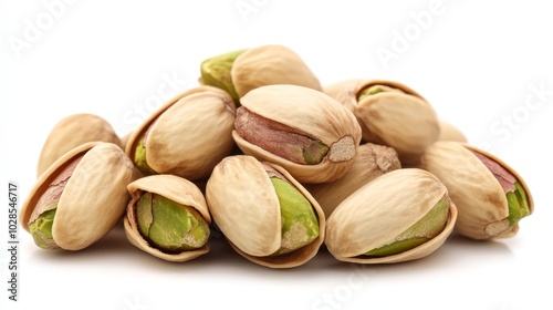 Isolated roasted pistachio nuts with shells on a white background