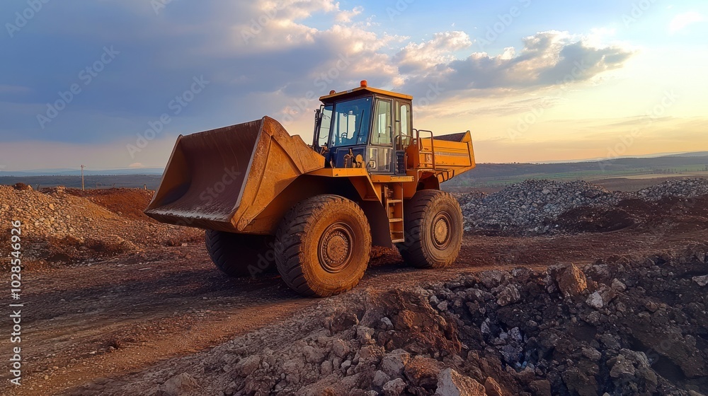 Yellow Excavator with Raised Bucket in a Quarry Yellow Excavator with Raised Bucket in a Quarry