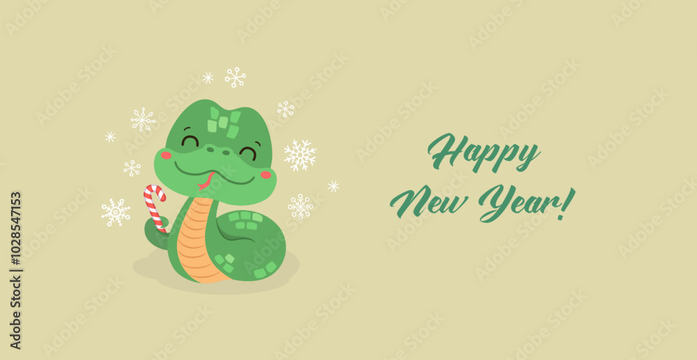 Naklejka premium Cute new year 2025 banner with cartoon snake symbol. Vector illustration. Playful design featuring kawaii green snake holding candy cane. Copy space, happy Chinese new year greeting card.