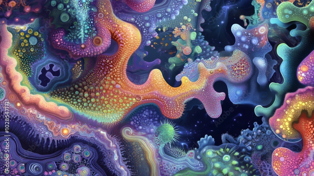 Protein structures and bioluminescent colors in detailed digital art