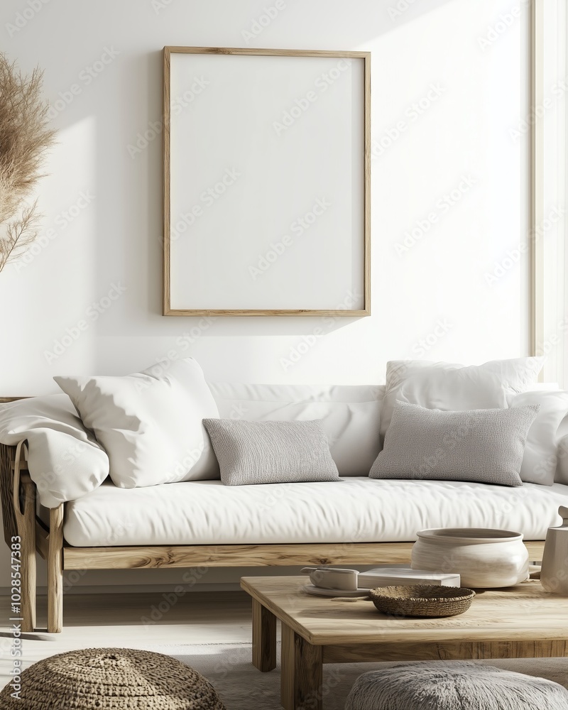 Cozy Boho Living Room with Wooden Sofa, Neutral Tones, and Minimalist Decor, Perfect for Modern Interior Design, Home Staging, and Relaxed Living Spaces Cozy Boho Living Room with Wooden Sofa, Neutral Tones, and Minimalist Decor, Perfect for Modern Interior Design, Home Staging, and Relaxed Living Spaces