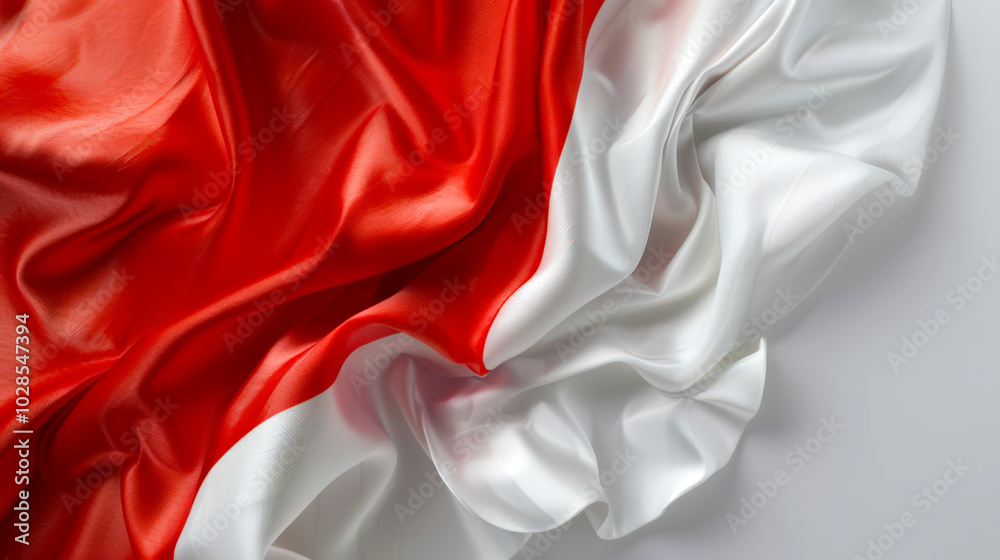 The flag of Indonesia lies on a white table, top view. The red and white striped Indonesian flag. The national symbol of the country. Independence Day. Flag background for the design