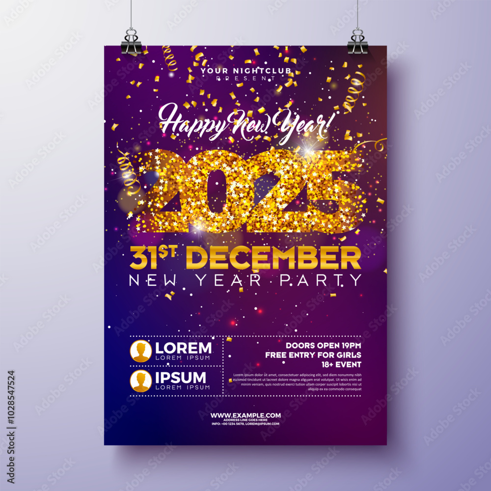 Naklejka premium Happy New Year 2025 Party Celebration Poster Template Illustration with Glittered Number on Falling Confetti Background. Vector New Year Eve and Christmas Holiday Flyer Design with Typography