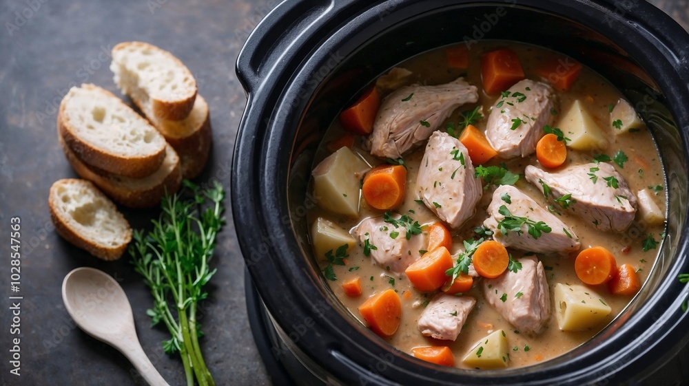 A close-up shot of a slow cooker filled with a delicious chicken stew with carrots, potatoes, and herbs. The stew is ready to be served with crusty bread A close-up shot of a slow cooker filled with a delicious chicken stew with carrots, potatoes, and herbs. The stew is ready to be served with crusty bread