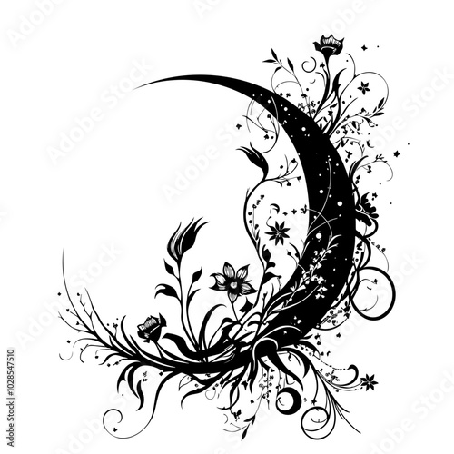 Crescent Moon and Flowers Stylization – A Dreamy Design Perfect for Your Next Creative Project. Ideal for Stationery, Home Decor, or Fashion, This Artwork Captures the Serenity of Nighttime Blossoms