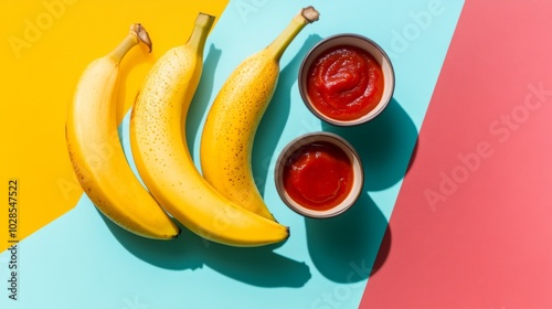 Banana ketchup pairings in minimalist colorblocked flat lay photography photo