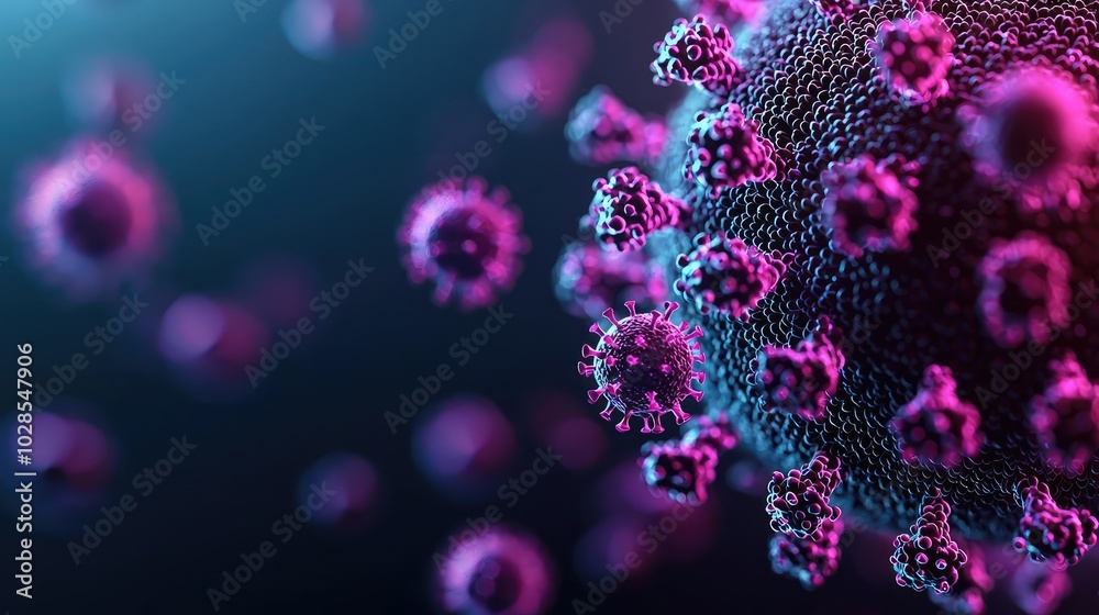 Colorful digital illustration of a virus on a dark background. Colorful digital illustration of a virus on a dark background.