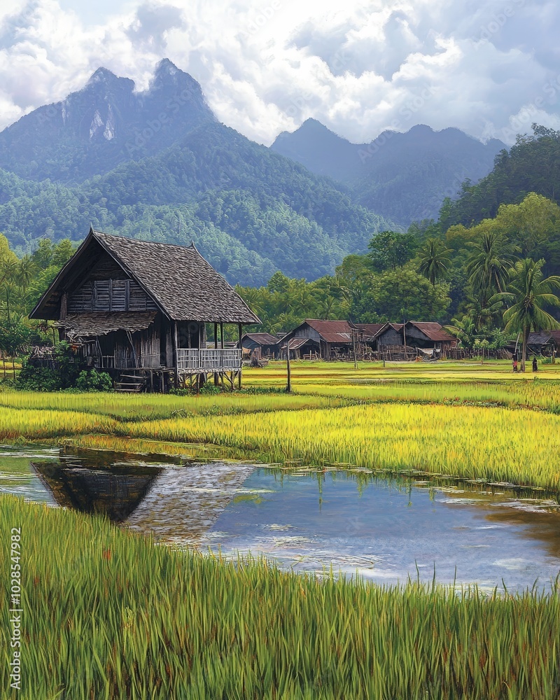 Stunning Landscape with Traditional Houses and Mountains Stunning Landscape with Traditional Houses and Mountains
