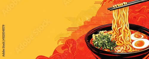 Illustration of delicious ramen noodles in a bowl with chopsticks, boiled eggs, and vegetables, set against a vibrant red and yellow background.