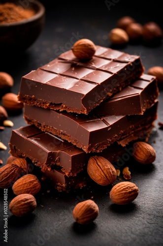A close up studio shot of bunch of blocks pieces of a dark chocolate bar decorated with almonds and crushed nuts on dark rustic background. Delicious sweet dessert food photography illustration.