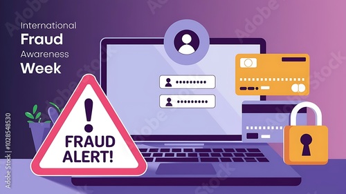 International Fraud Awareness Week cybersecurity alert with laptop and credit cards