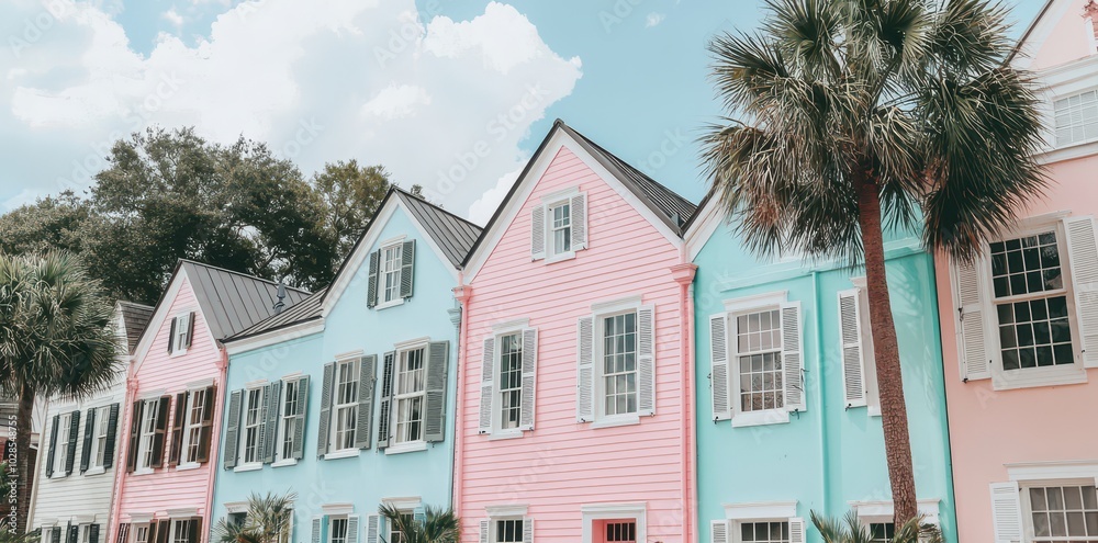 Naklejka premium Charming colorful homes line a scenic tree-lined street, creating a picturesque and inviting atmosphere.