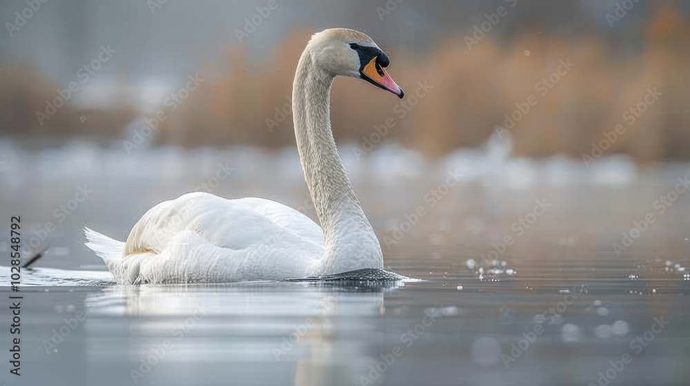 A serene swan gliding gracefully across a calm, misty lake. A serene swan gliding gracefully across a calm, misty lake.