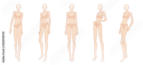Female fashion figure templates. Full-length standing different poses front, side, and back views woman body fashion design. Technical drawing shape. Vector sketch line printable illustration