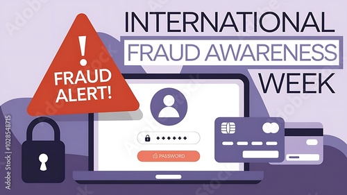 International Fraud Awareness Week cybersecurity alert with laptop and credit cards