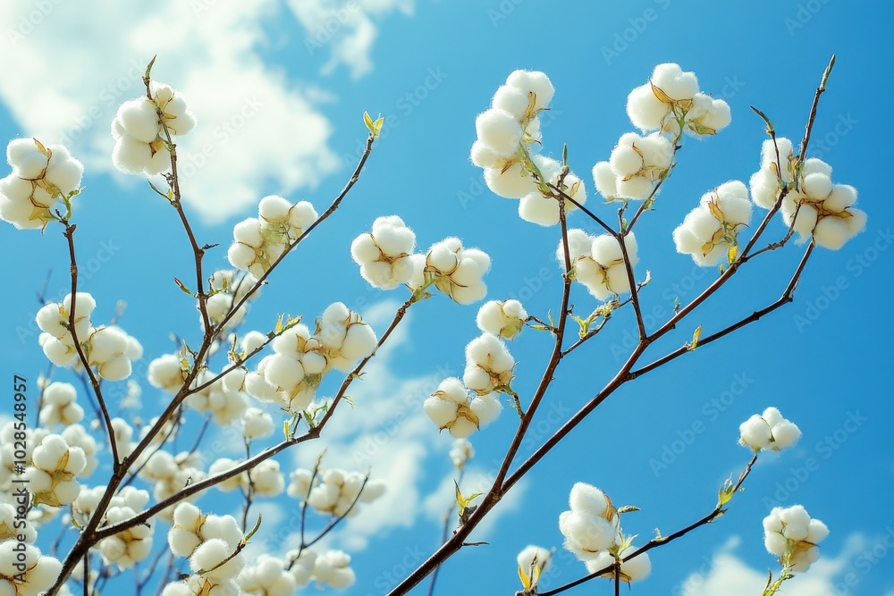 Cotton Buds in Nature: White Flowers on Tree Branch against Spring Sky Cotton Buds in Nature: White Flowers on Tree Branch against Spring Sky