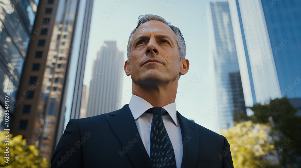 Fototapeta premium Middle-Aged Businessman Looking Ahead in Financial District