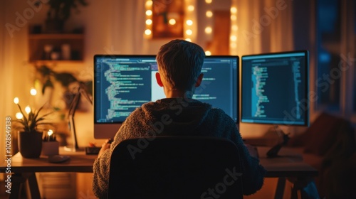 A stocky white female programmer with short hair, working on a web development project in a cozy home office.